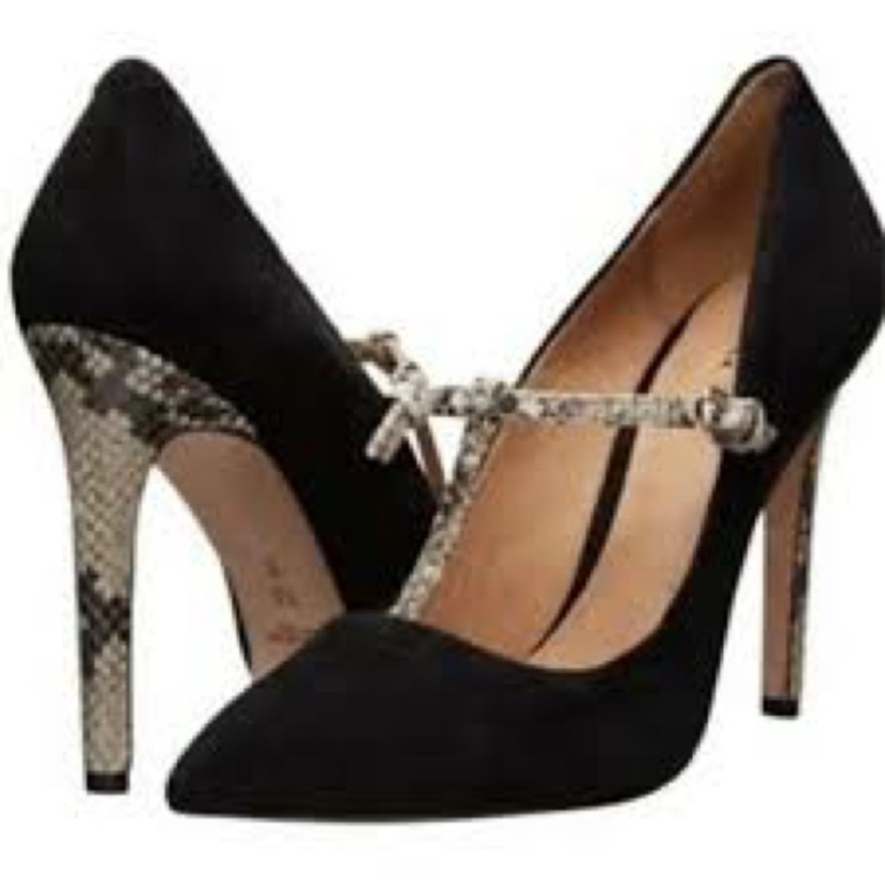 Coach Fulton Black Suede T-Strap Pumps Snake Print Heels Size 7 Like New